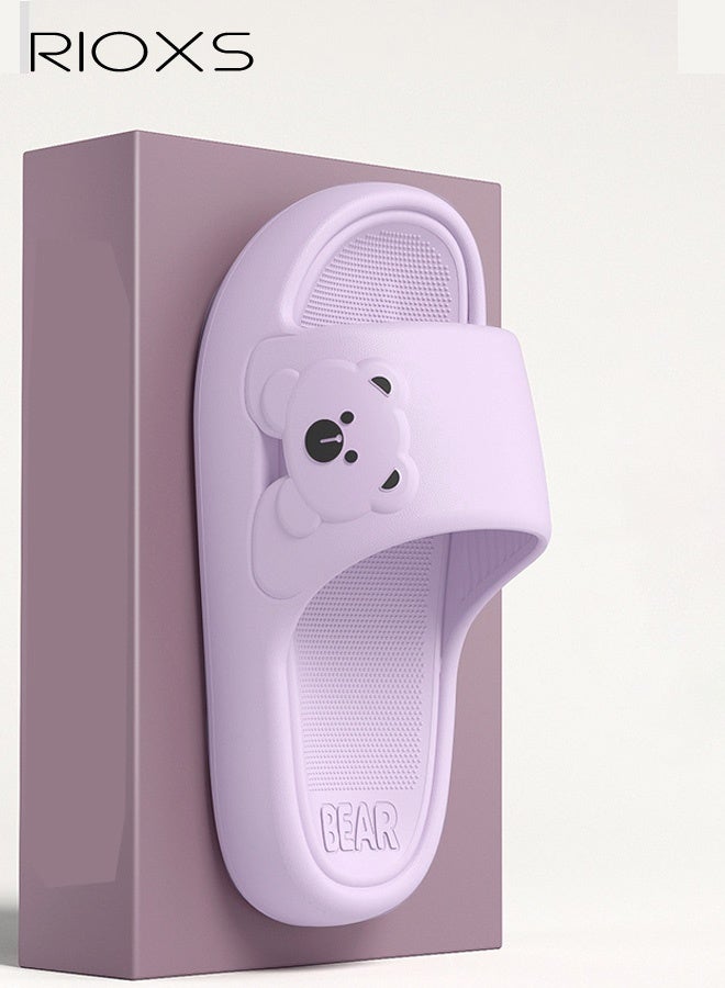 RIOXS Women's Adorable Bear Pattern Slippers, Lightweight EVA Platform Open Toe Sandals, Non-slip Quick-Dry Slip-on Shower Slippers, Comfortable Cushioned Thick Sole Slides, Summer Soft Home Mute Slippers, Suitable for Travel, Holidays, Beaches, Swimming Pools, etc. Purple - Image 2
